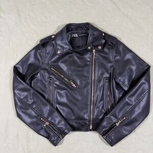 ZARA Faux Leather Moto Biker Cropped Fitted Black Minimalist Jacket M